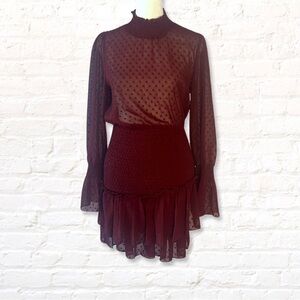 Fashion Nova Sweet Like Me Chiffon Polka Dot Mini Dress Size Small Burgundy